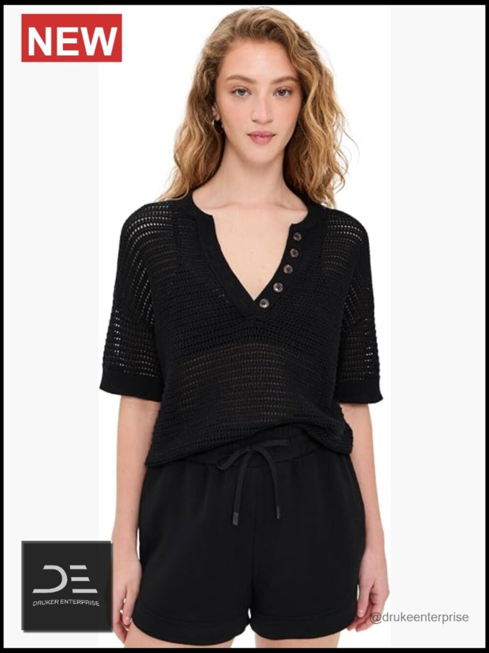 Cotton V-Neck Relaxed Fit Knit Top with Elbow-Length Sleeves
